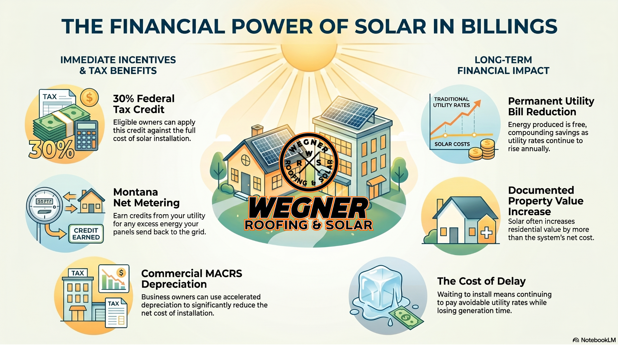 Infographic on the financial power of solar by Wegner Roofing & Solar, a top Solar Company Billings MT.