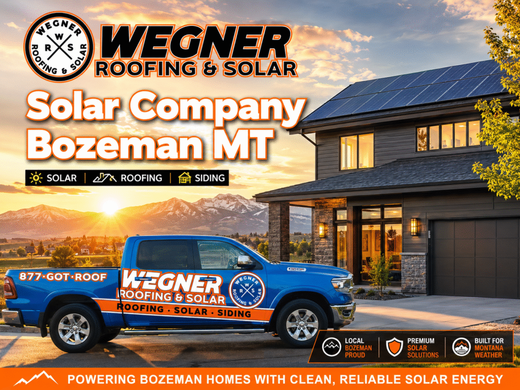 Wegner Roofing & Solar truck parked by a house with solar panels, labeled Solar Company Bozeman MT.