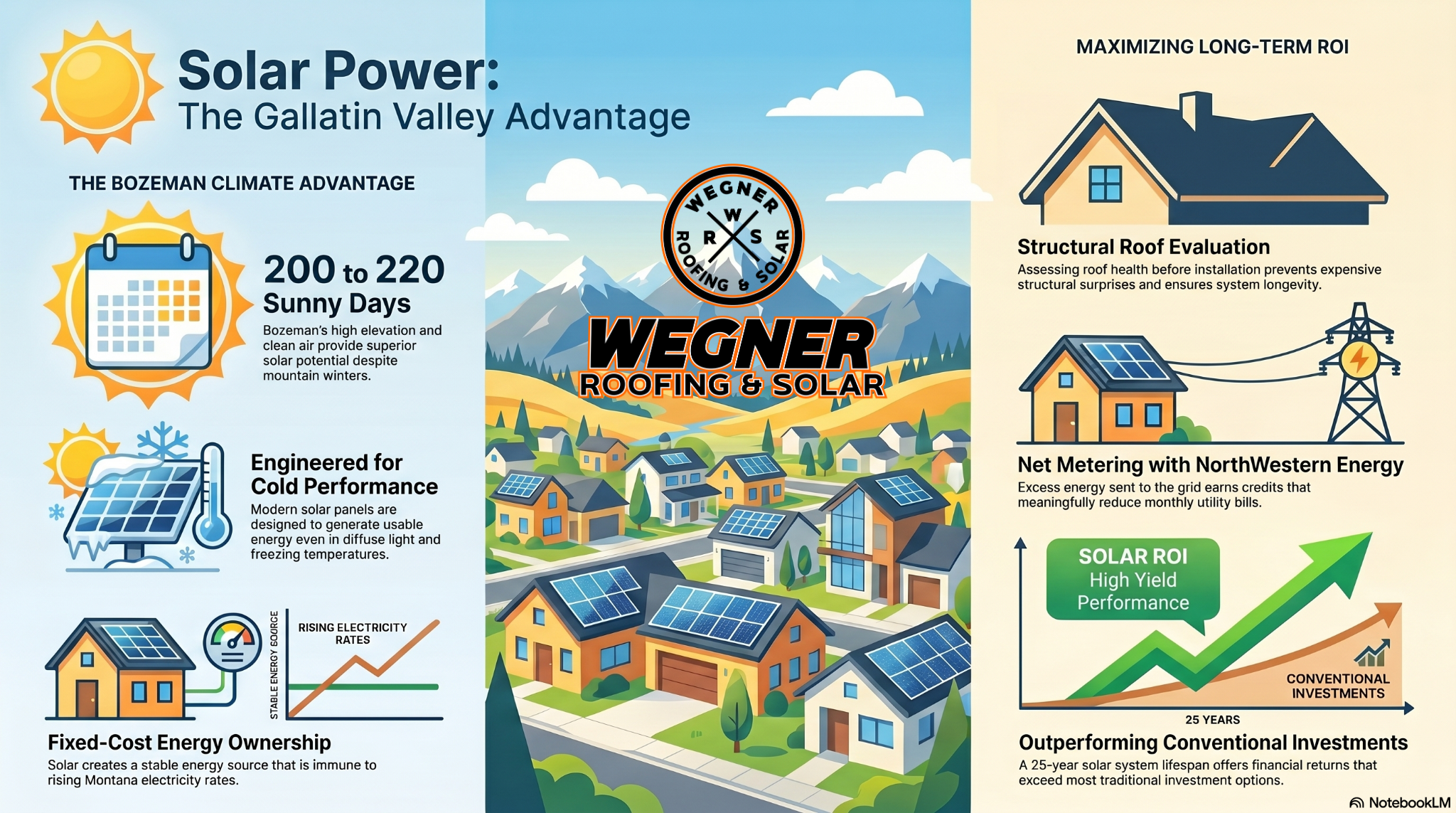 Solar Company Bozeman MT infographic by Wegner Roofing & Solar highlighting local climate advantages and long-term ROI.