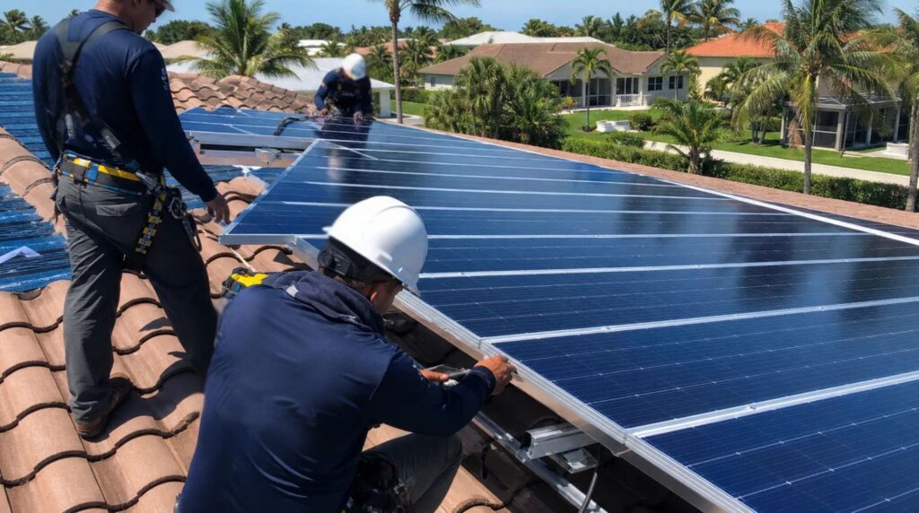 Professional Solar Contractor Pompano Beach, FL team installing high-efficiency residential solar panels on a rooftop under a clear blue sky.
