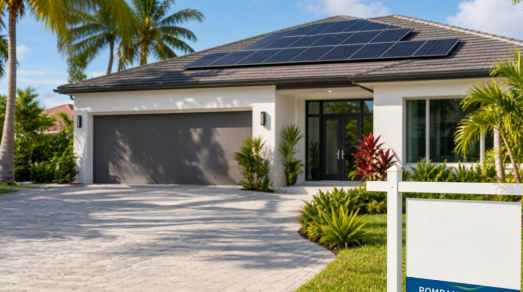 Expert Solar Contractor Pompano Beach, FL presenting energy savings on a tablet in front of a modern home with a completed solar array.