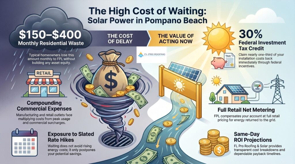 Infographic from FL Pro Roofing & Solar, a premier solar contractor Pompano Beach, FL, comparing the financial drain of utility bills to the immediate ROI, 30% federal tax credits, and net metering benefits of switching to solar power.