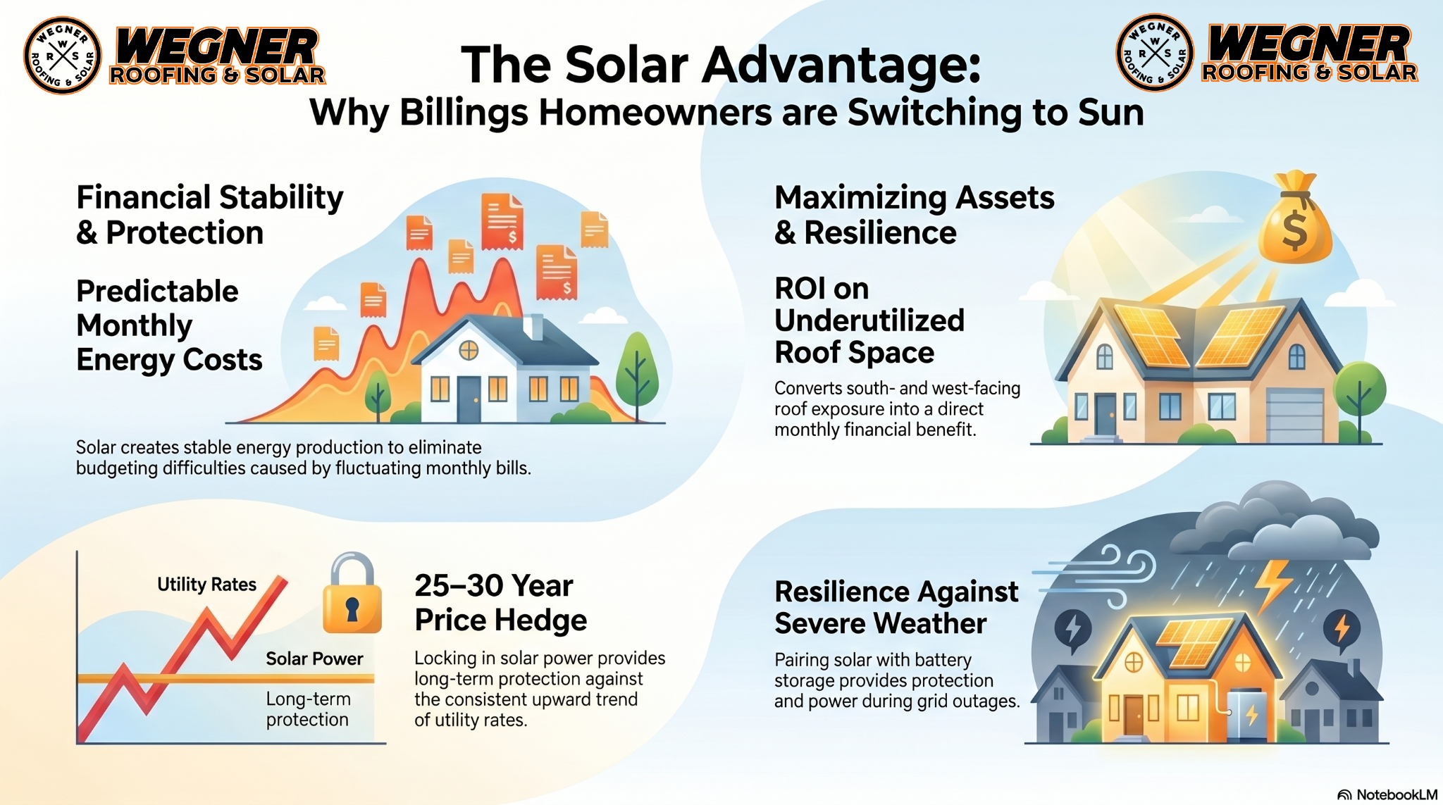 Solar Panel Installation Billings MT info by Wegner Roofing & Solar showing financial stability and weather resilience benefits.