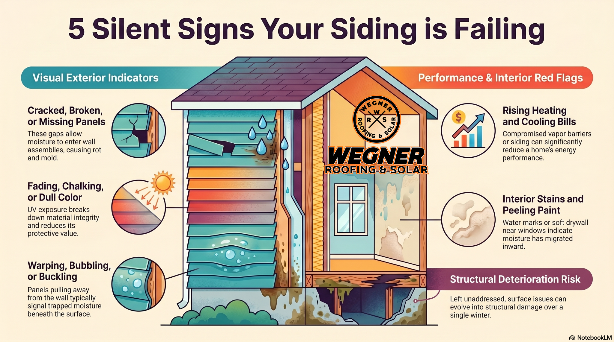 Wegner Roofing & Solar infographic on failing vinyl siding Billings MT, showing 5 warning signs like warping and moisture.
