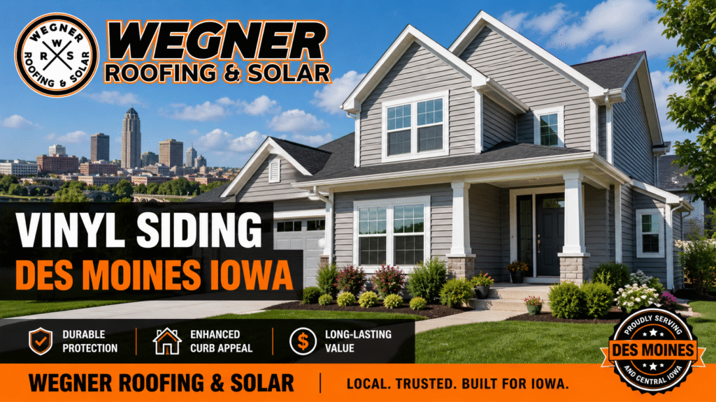 Premium vinyl siding Des Moines Iowa installed by Wegner Roofing & Solar on a modern home with the city skyline background.