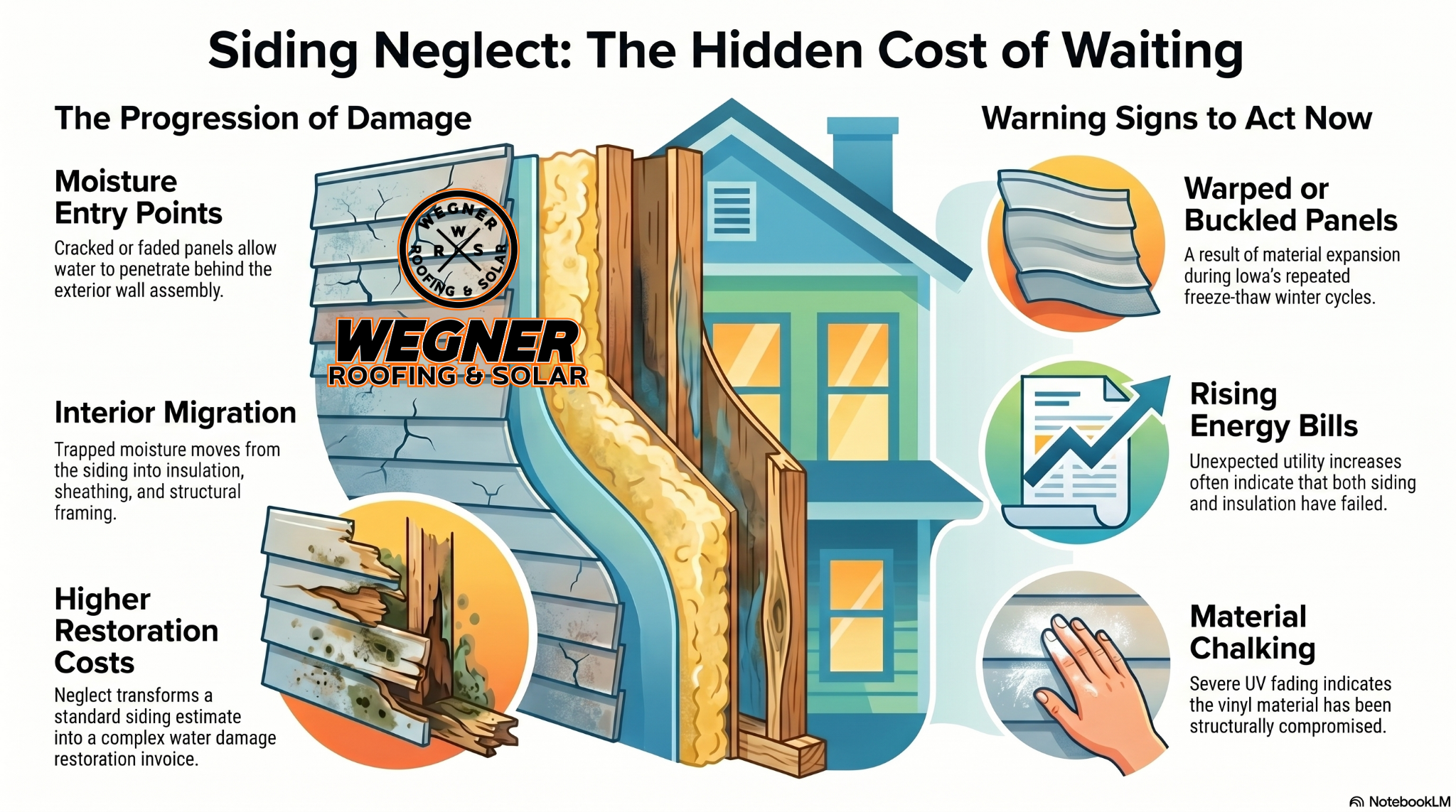 Infographic on vinyl siding Des Moines Iowa by Wegner Roofing & Solar showing how neglect leads to moisture and wall damage.