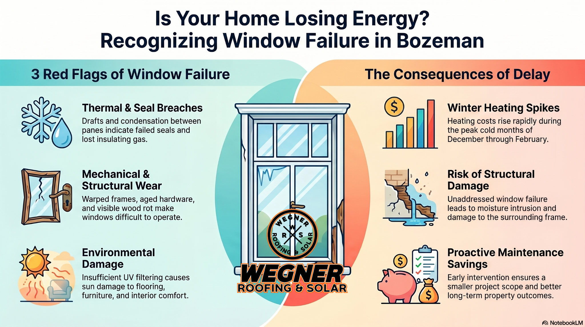 Window failure signs infographic by Wegner Roofing & Solar, top window contractors Bozeman MT.