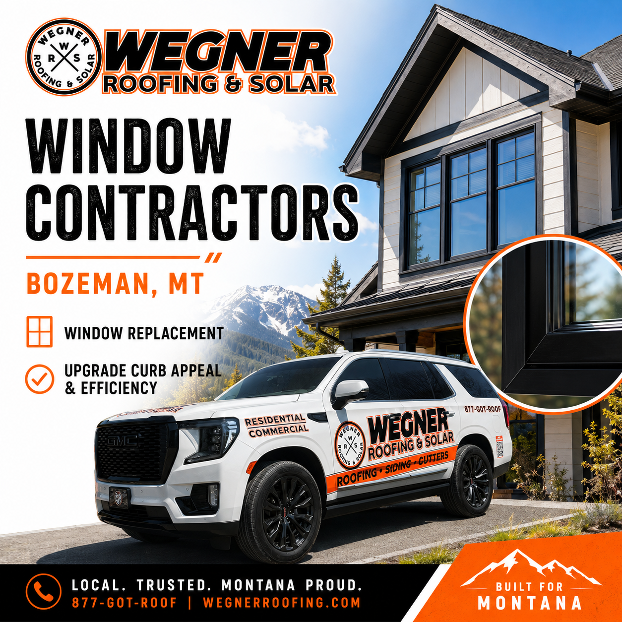 Wegner Roofing & Solar service vehicle parked at a home; professional window contractors Bozeman MT.