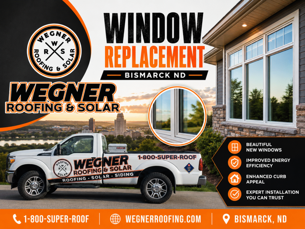 Window Replacement Bismarck ND by Wegner Roofing & Solar promo with service truck and beautiful new windows.