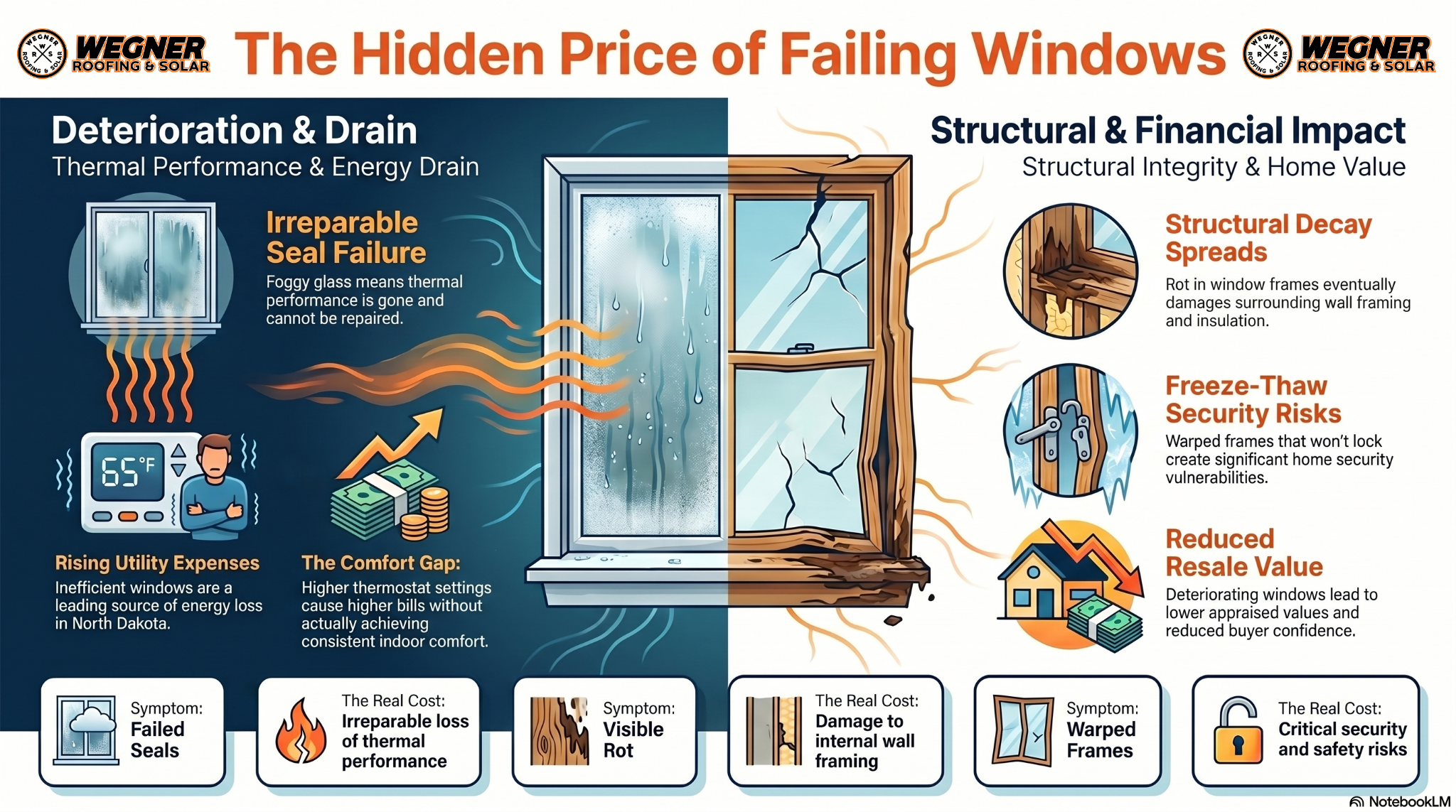 Window Replacement Bismarck ND infographic by Wegner Roofing & Solar showing the hidden costs of failing windows.