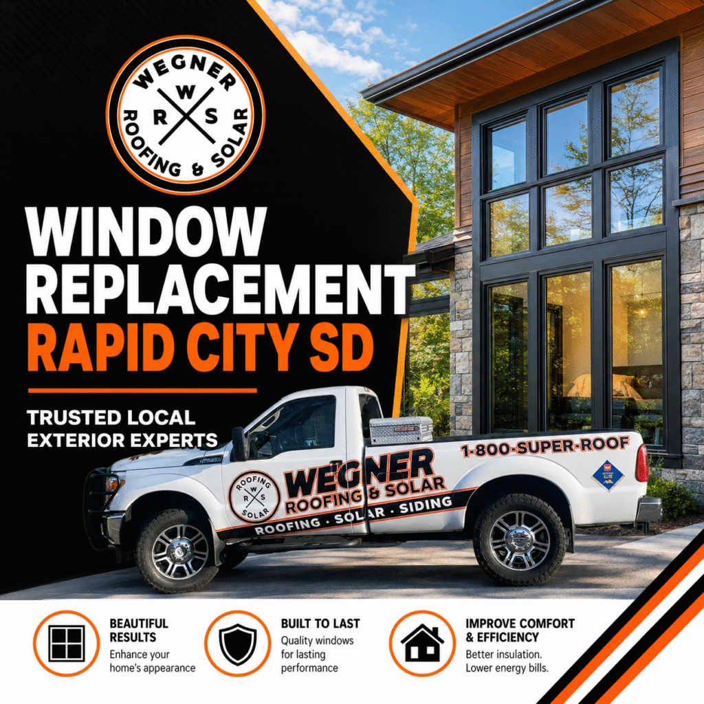 Window Replacement Rapid City SD by Wegner Roofing & Solar with branded truck, modern house, and new windows installation ad.