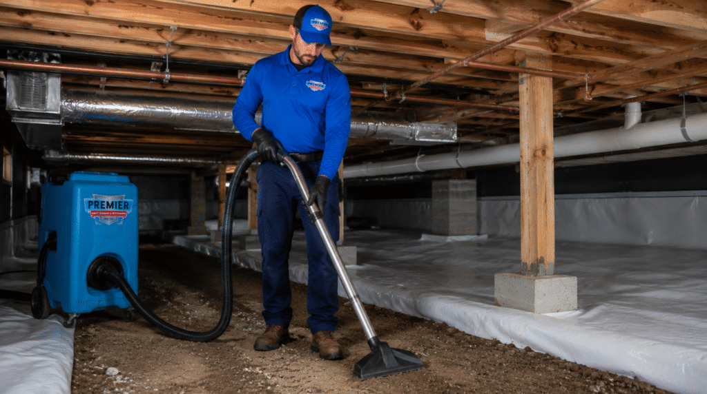 Professional remediation technician vacuums a dirt floor during a Billings Montana emergency services crawl space clean up underneath a residential property.