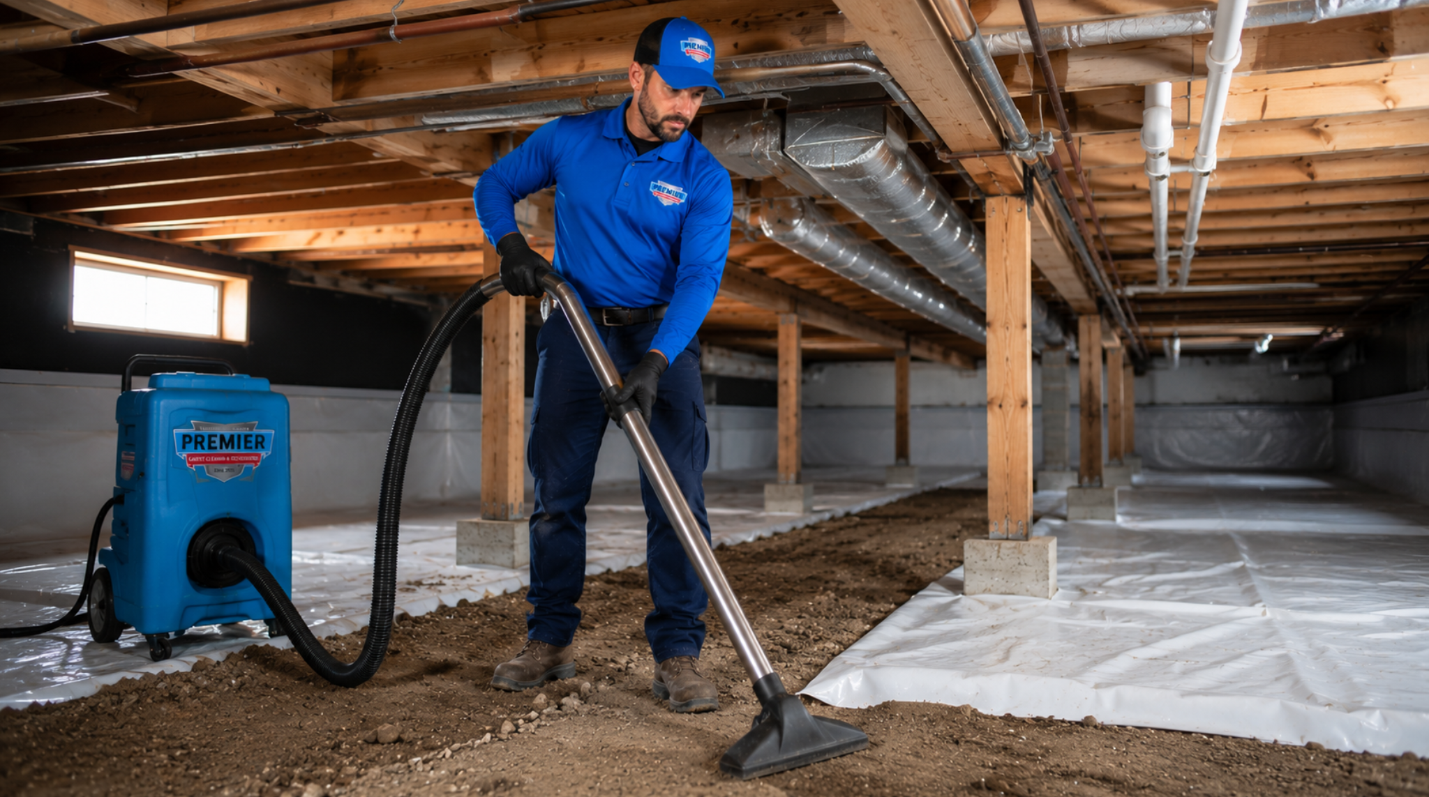 Premier technician performing a professional Billings Montana emergency services crawl space clean up using specialized vacuum equipment on a dirt floor.