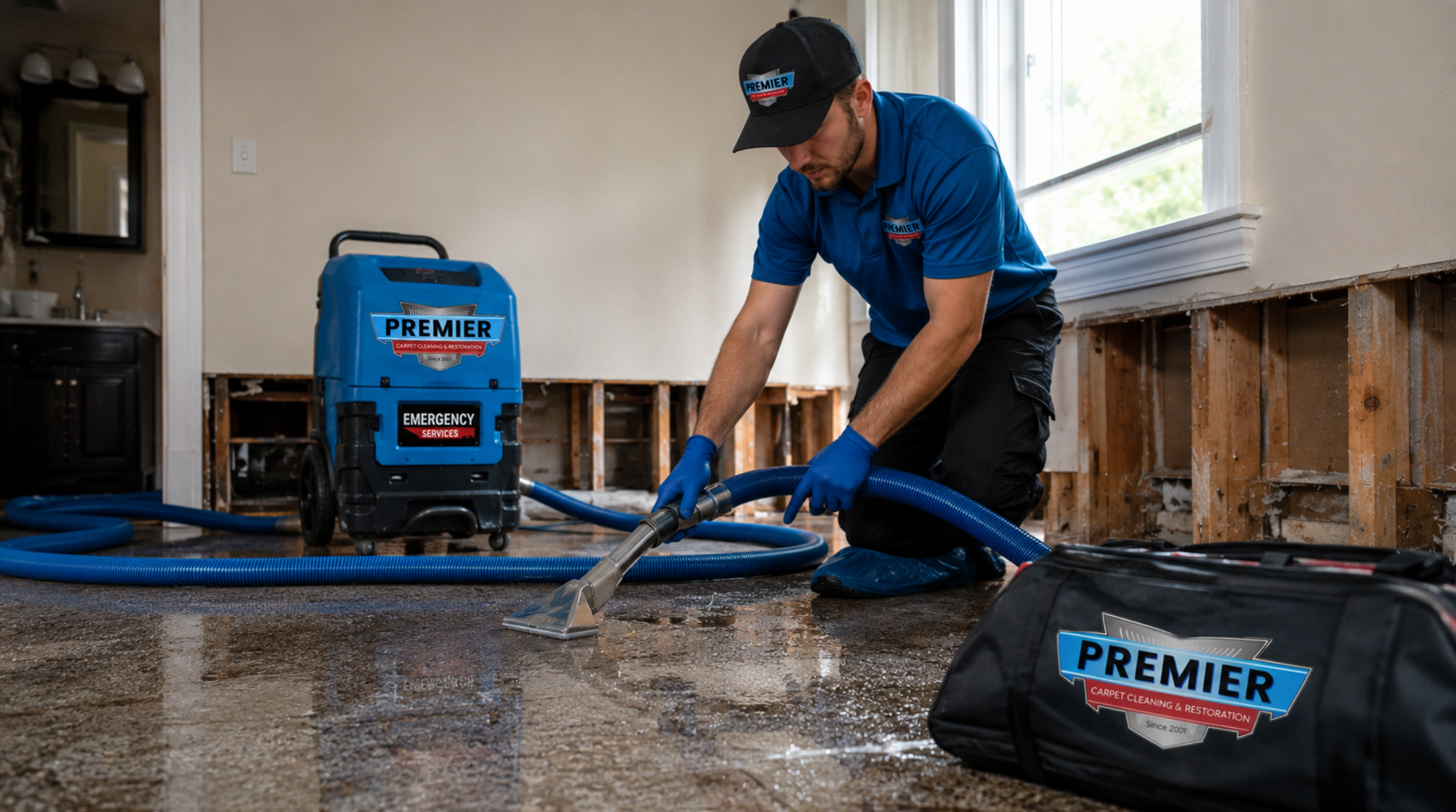 Premier Carpet Cleaning & Restoration technician performing an emergency services sewage clean up in a Billings Montana home with extraction equipment.