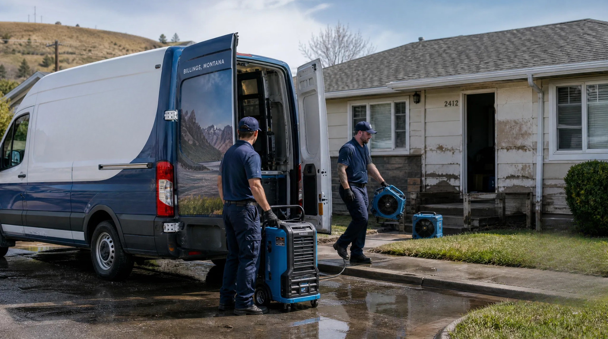 Emergency restoration truck arriving for Billings Montana, Emergency Services Flood Damage Clean Up at a water-damaged home.