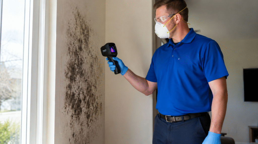 Specialist using an infrared thermal imaging camera during a Billings Montana emergency services mold inspection.