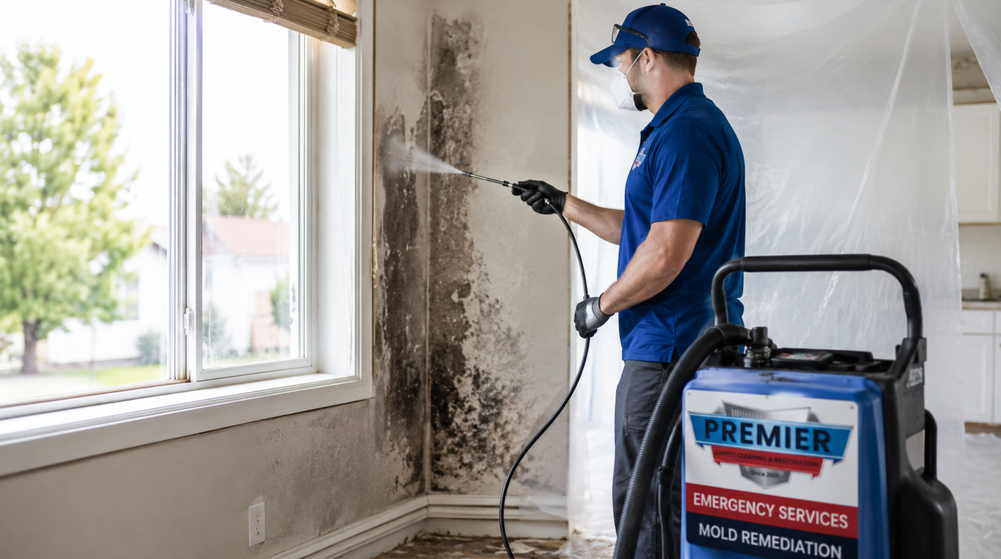 Premier restoration technician treating toxic mold spreading across an interior ceiling and upper wall near a window as part of a Billings Montana, Emergency Services Mold Remediation job.