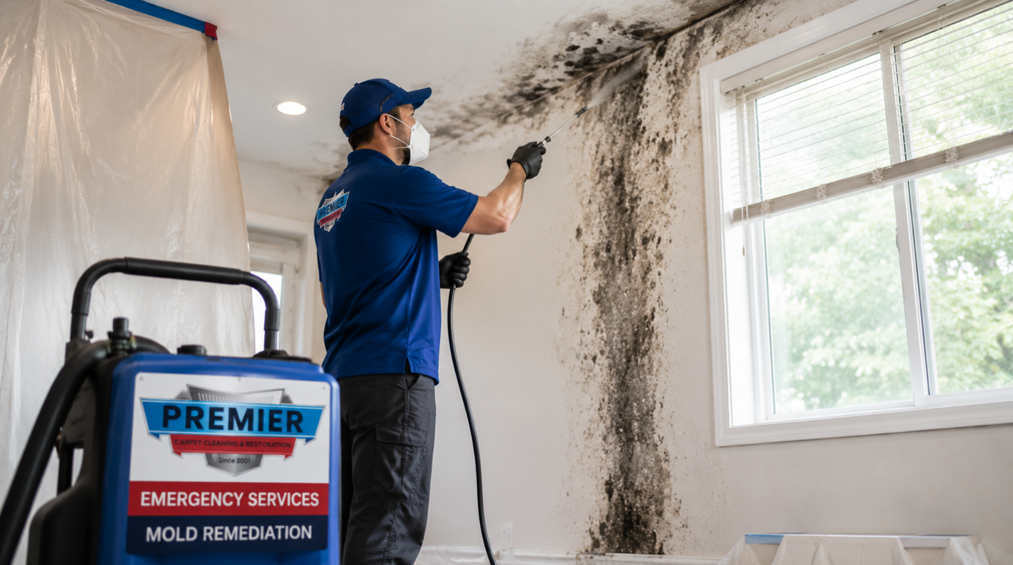 A professional technician in protective gear spraying a severe patch of black mold growth on a wall corner next to a window during a Billings Montana, Emergency Services Mold Remediation project.