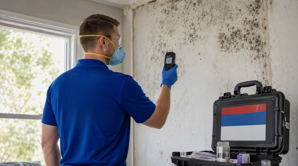 Certified technician performing Billings Montana, Emergency Services Mold Testing on a wide section of mold-infested drywall.