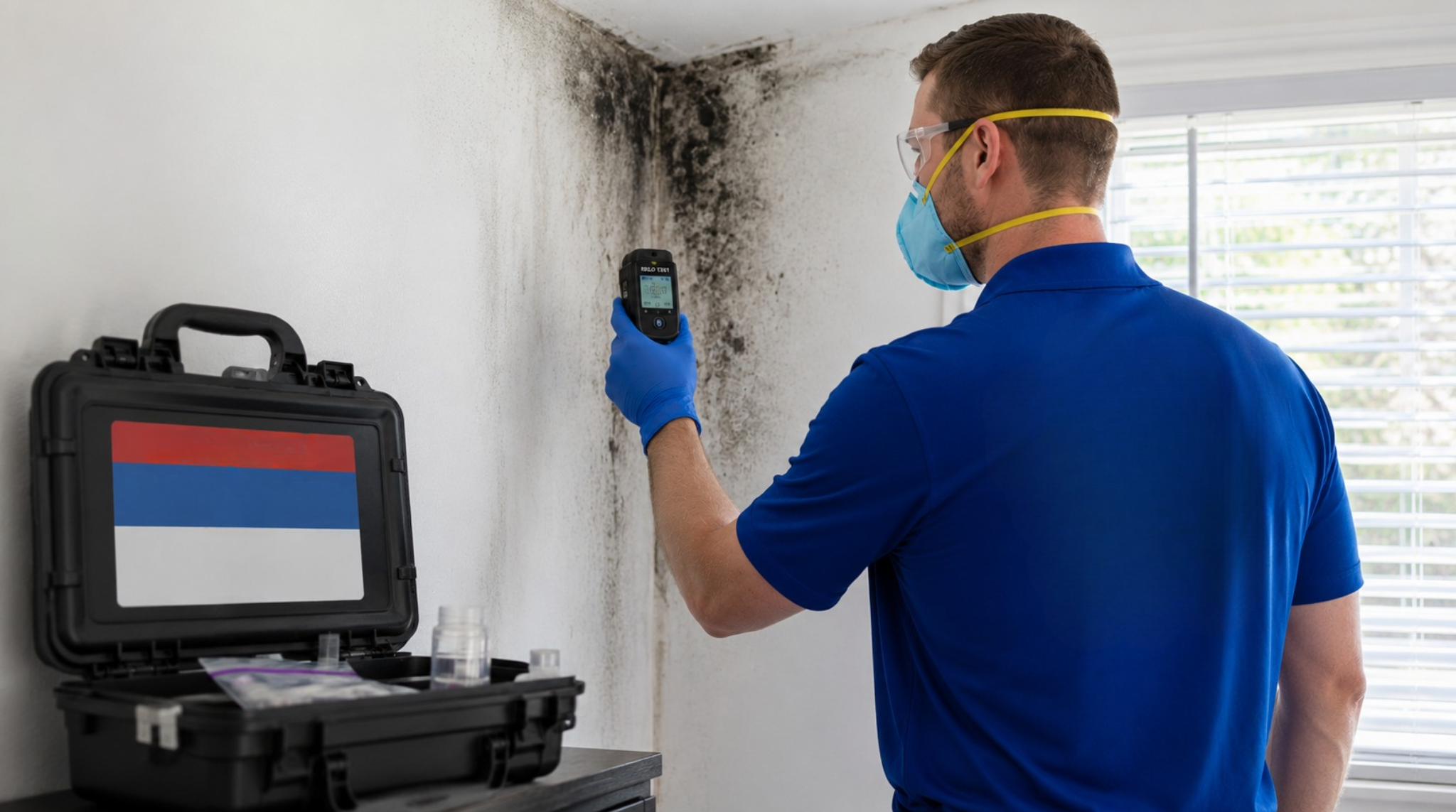Professional technician conducting Billings Montana, Emergency Services Mold Testing using a digital scanner on a water-damaged corner wall.