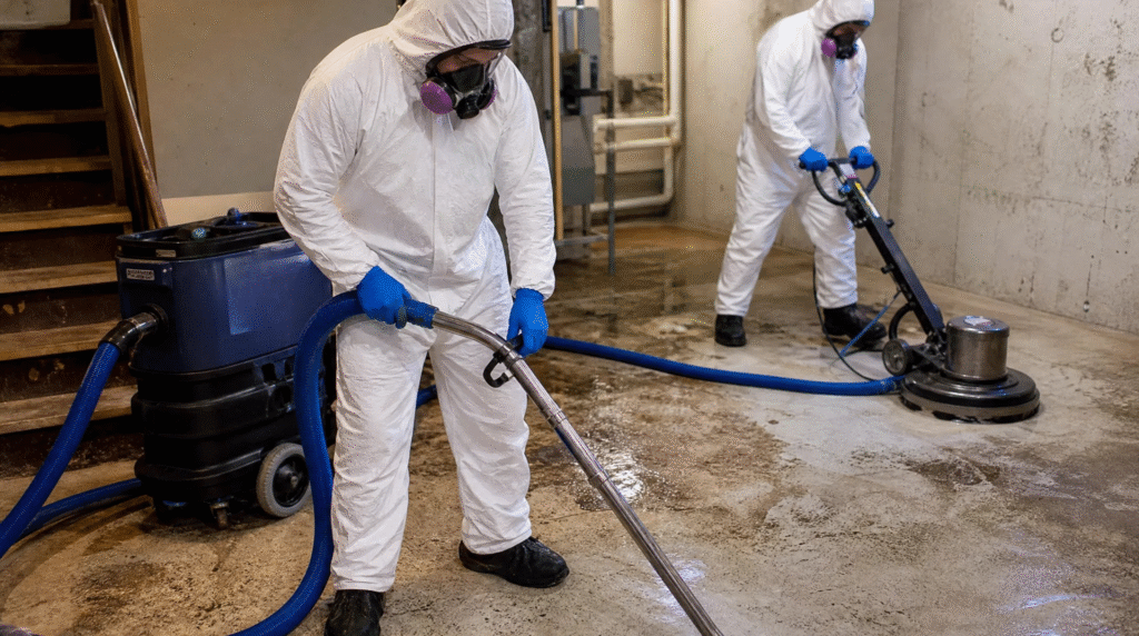 Professional crew performing Billings Montana, Emergency Services Sewage Clean Up in a residential basement using industrial extraction equipment.