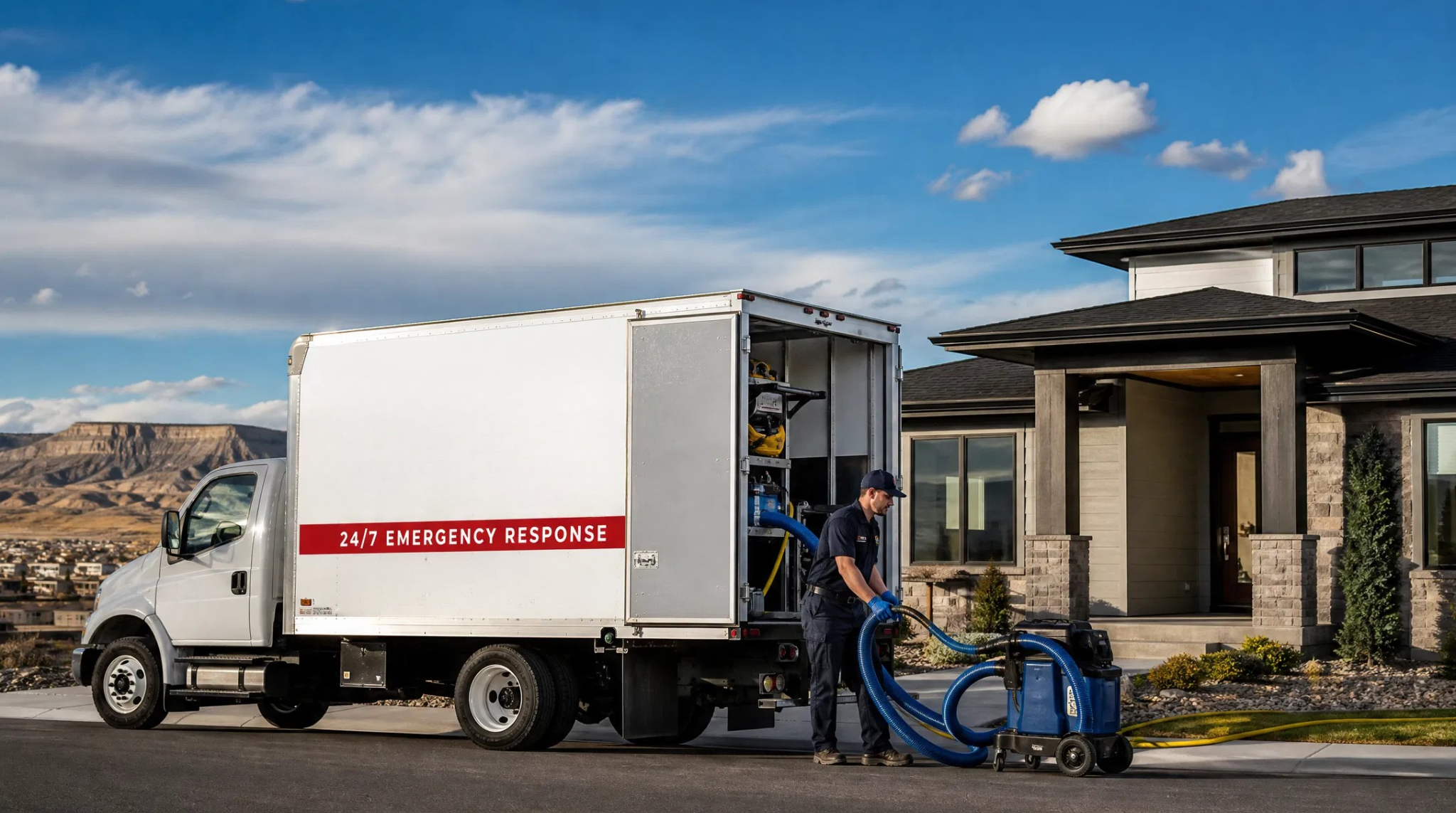 Emergency restoration truck parked at a home for Billings Montana, Emergency Services Sewage Clean Up.