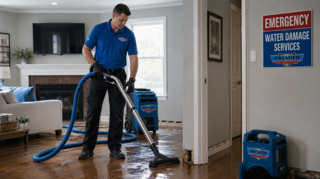 Professional technician extracting standing water from a flooded hardwood floor during a Billings Montana emergency services water damage call.