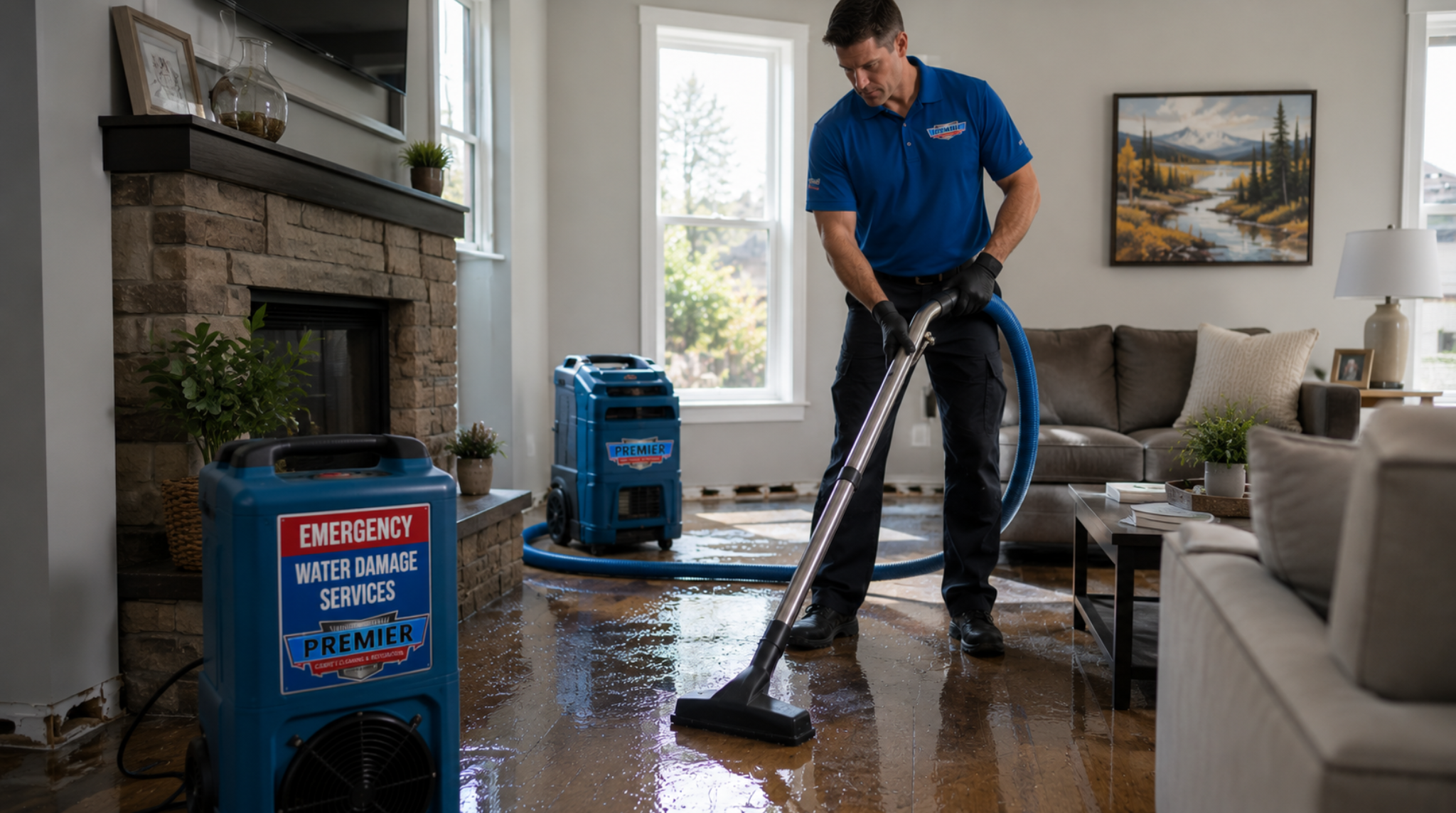 Premier Carpet Cleaning & Restoration technician performing Billings Montana emergency services water damage extraction on a flooded living room floor.