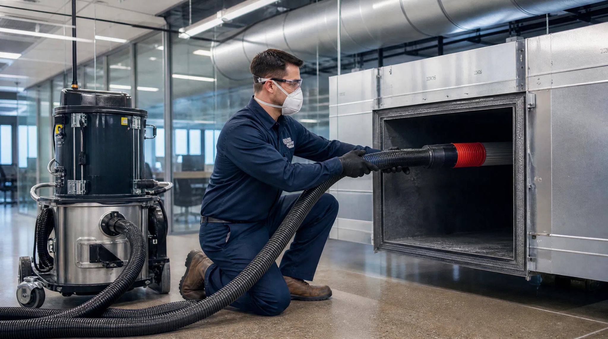 Professional HVAC technician performing Commercial Air Duct Cleaning Cimarron Hills, CO in a modern office building.