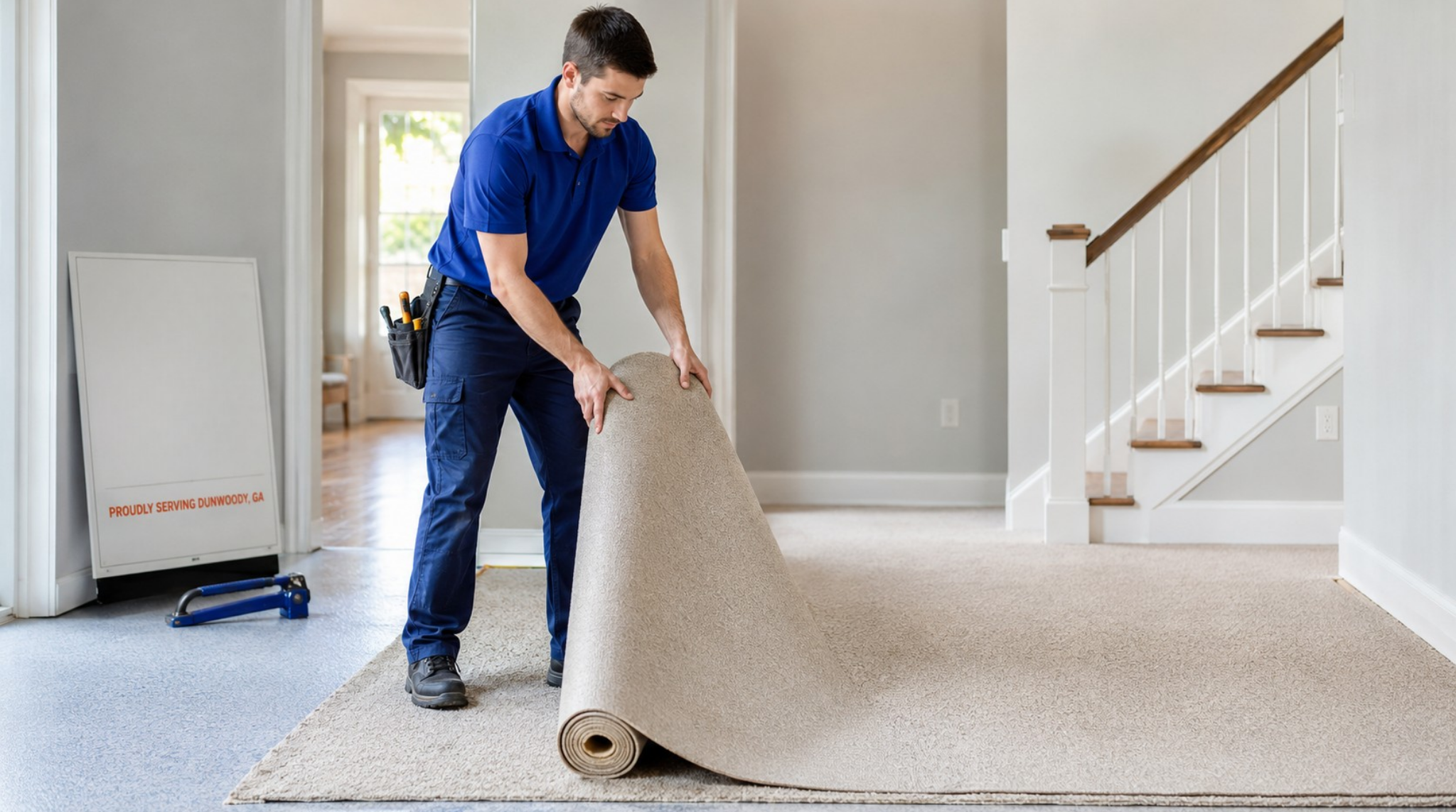A professional flooring installer rolling out new neutral-colored carpeting during a Dunwoody, GA carpet installation project.