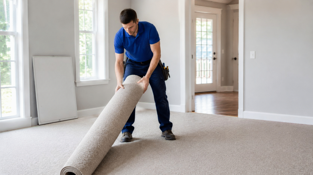 Professional flooring contractor unrolling high-quality plush carpet for a residential Dunwoody, GA carpet installation.