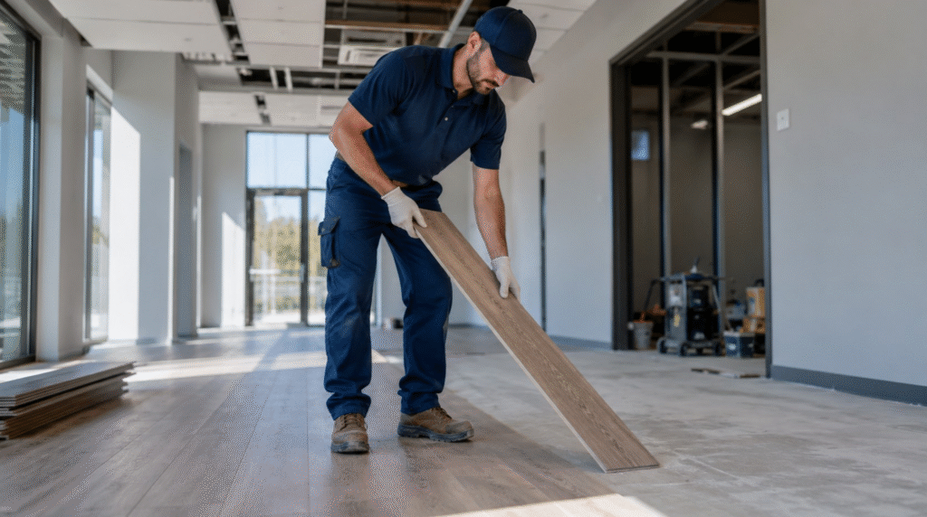 Experienced technician positioning luxury vinyl tile during a Dunwoody, GA commercial flooring installation project in an office building.