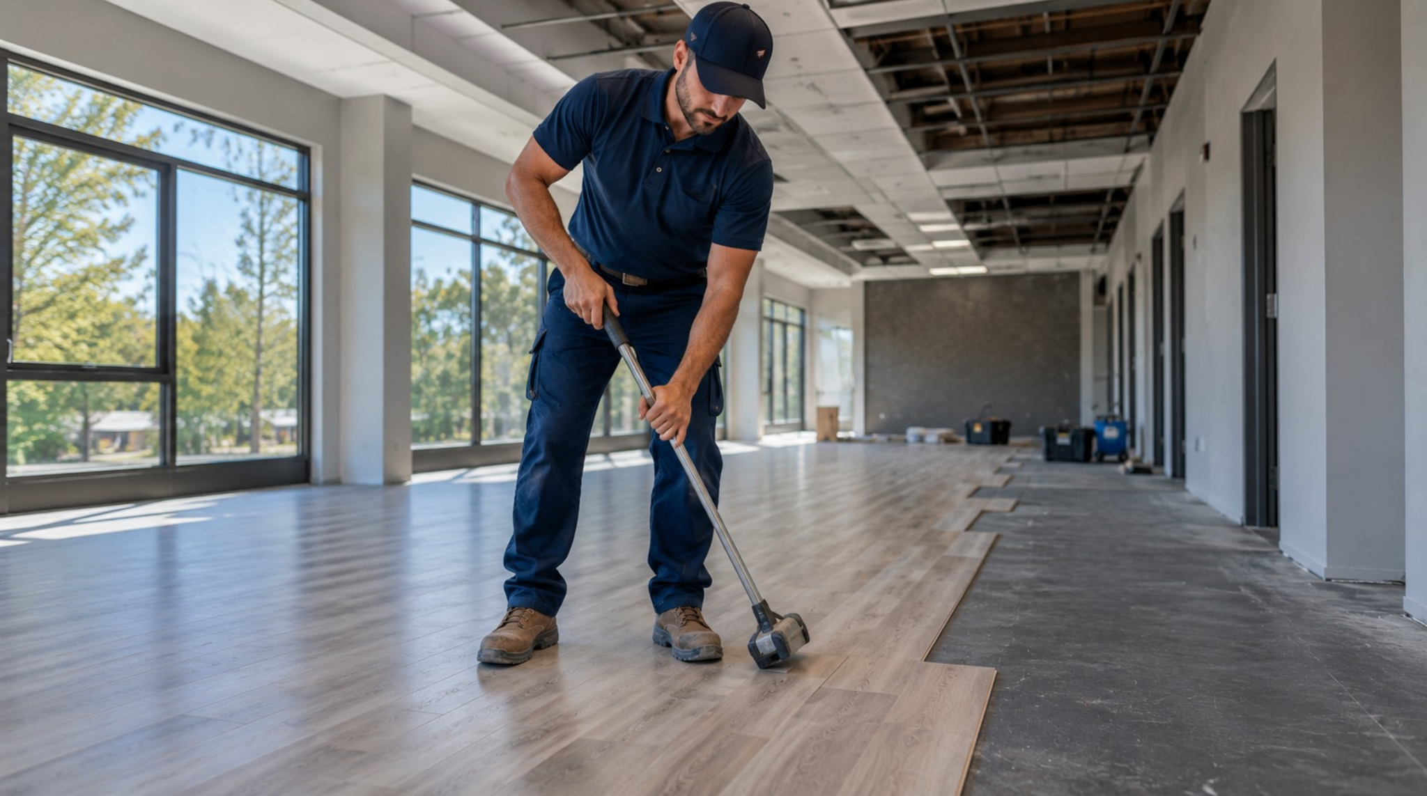 Professional contractor performing a Dunwoody, GA commercial flooring installation using a tapping tool on wood-look luxury vinyl planks in a large office.