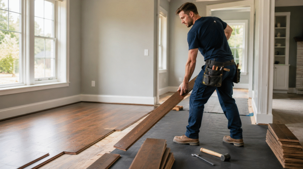 Flooring installer laying down wide-plank wood flooring over an underlayment barrier during a Dunwoody, GA hardwood floor installation project.