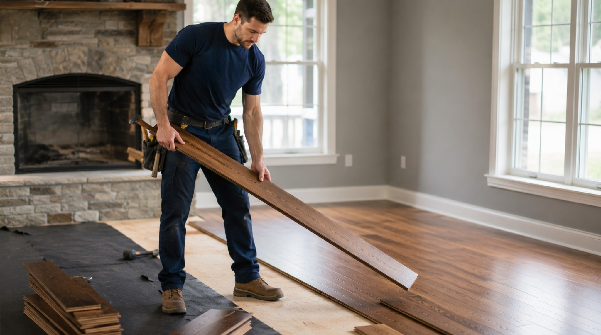 A professional flooring contractor meticulously fitting a rich wood plank during a Dunwoody, GA hardwood floor installation in a residential home.