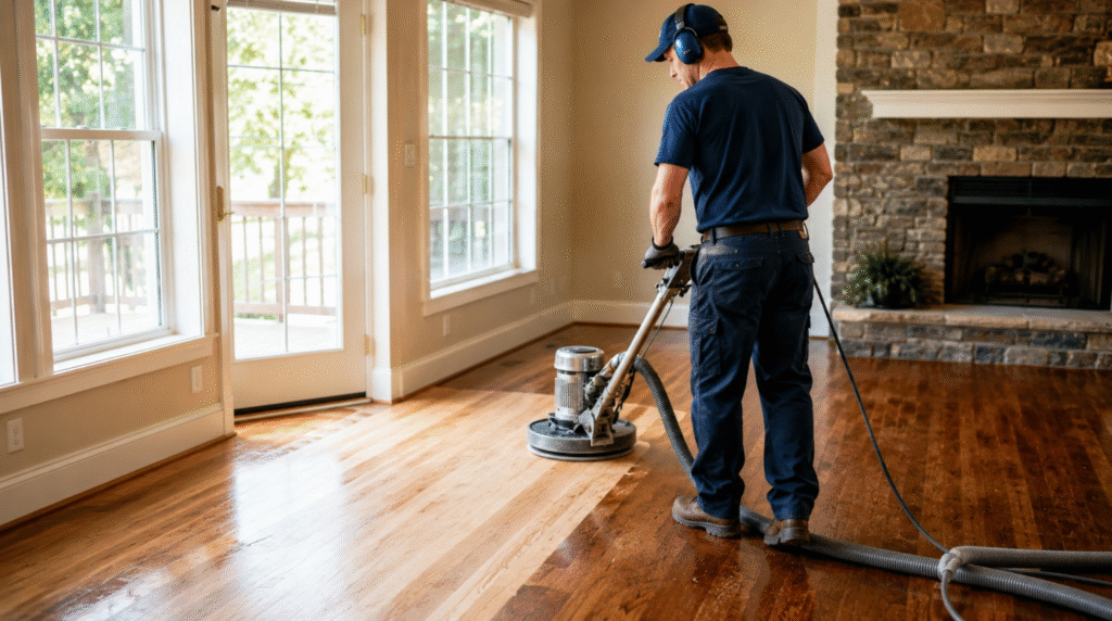 Flooring expert wearing safety gear during a Dunwoody, GA hardwood floor refinishing project in a bright living room with large windows.