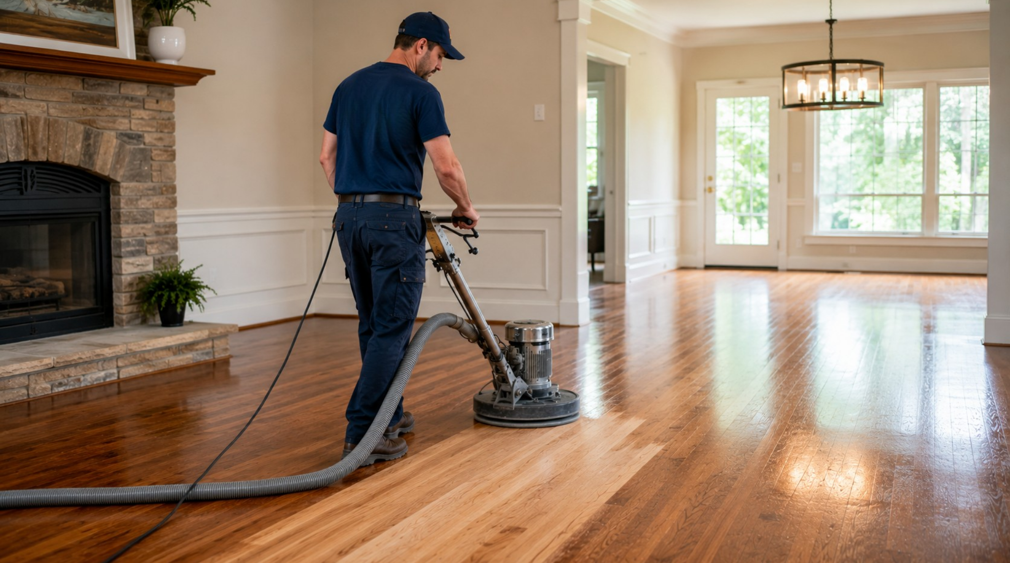 A professional flooring technician operating a sanding machine for Dunwoody, GA hardwood floor refinishing in a spacious living room.