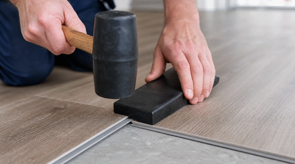 Close-up of a flooring professional using a rubber mallet and tapping block during a Dunwoody, GA LVP installation.