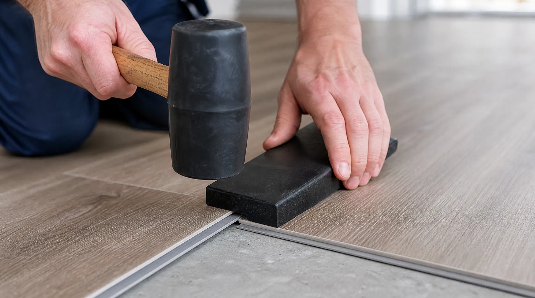 Close-up of a flooring professional using a rubber mallet and tapping block during a Dunwoody, GA LVP installation.