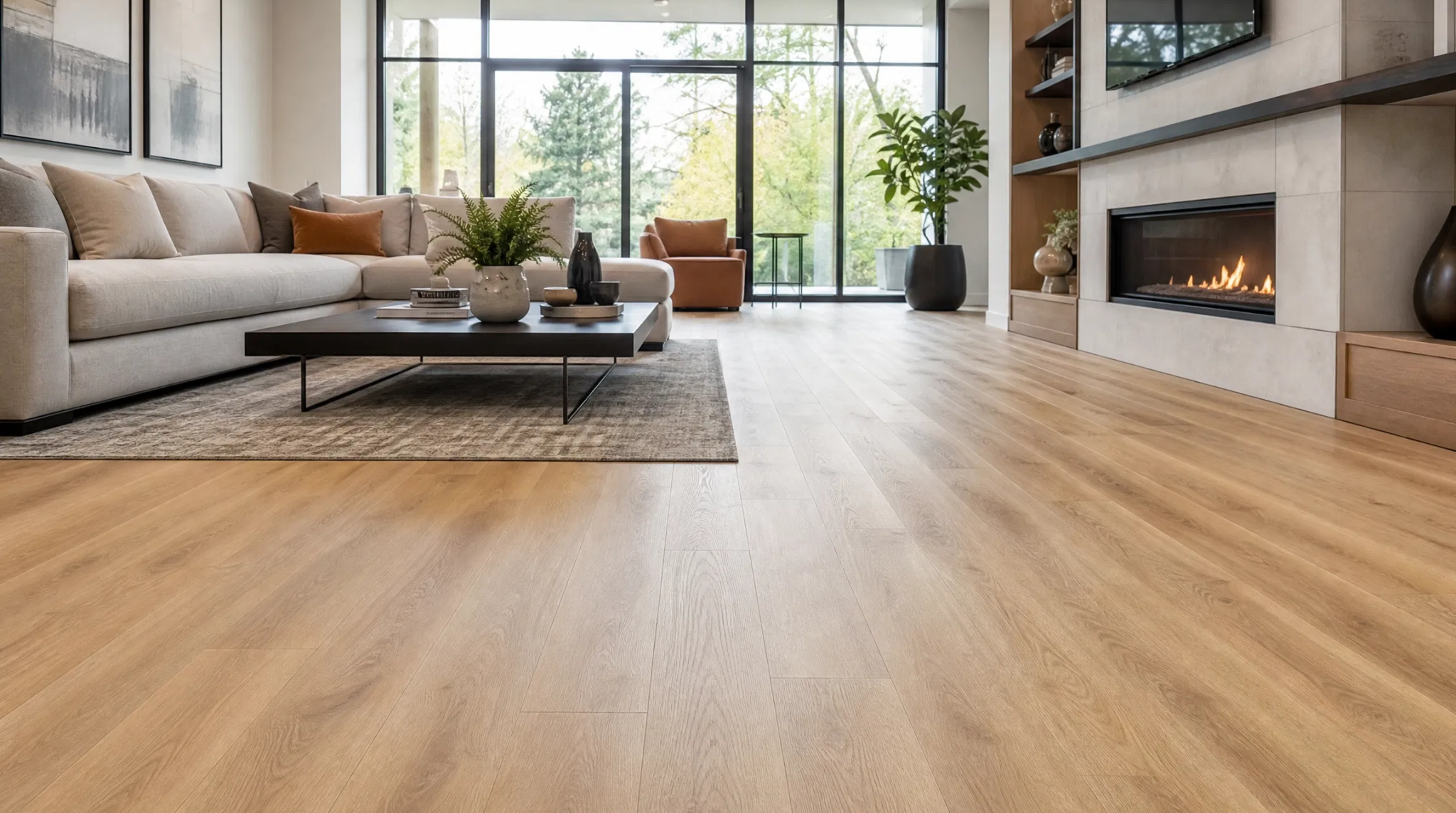 Modern living room showcasing a professional Dunwoody, GA LVP installation with light wood luxury vinyl planks.