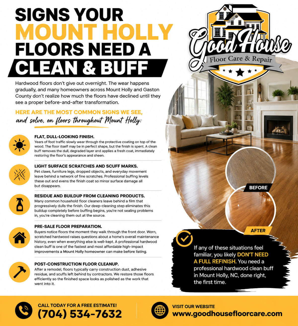 Hardwood Clean Buff Mount Holly NC by Good House Floor Care infographic showing signs floors need service.