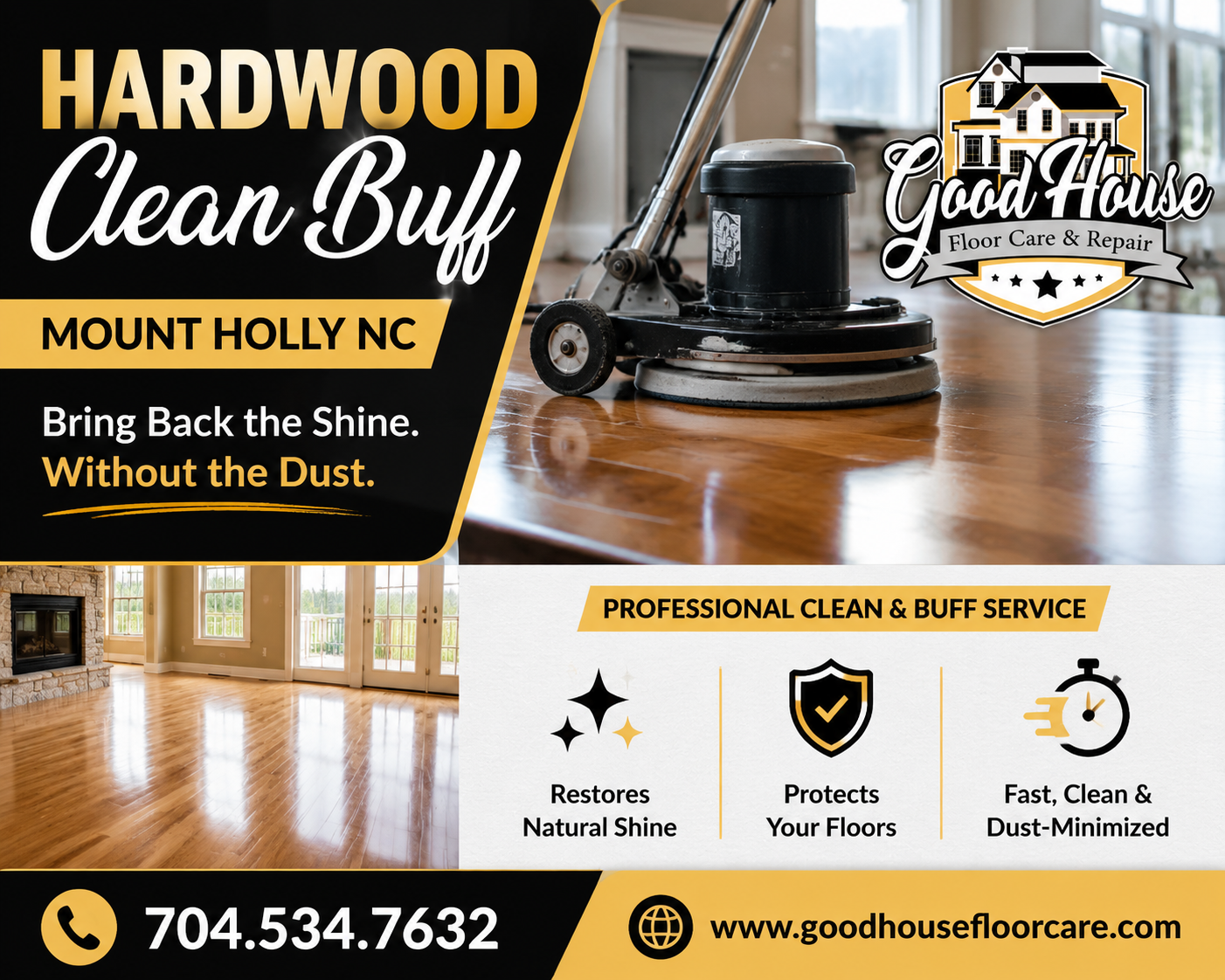 Hardwood Clean Buff Mount Holly NC by Good House Floor Care banner featuring a floor buffer machine on shiny wood.