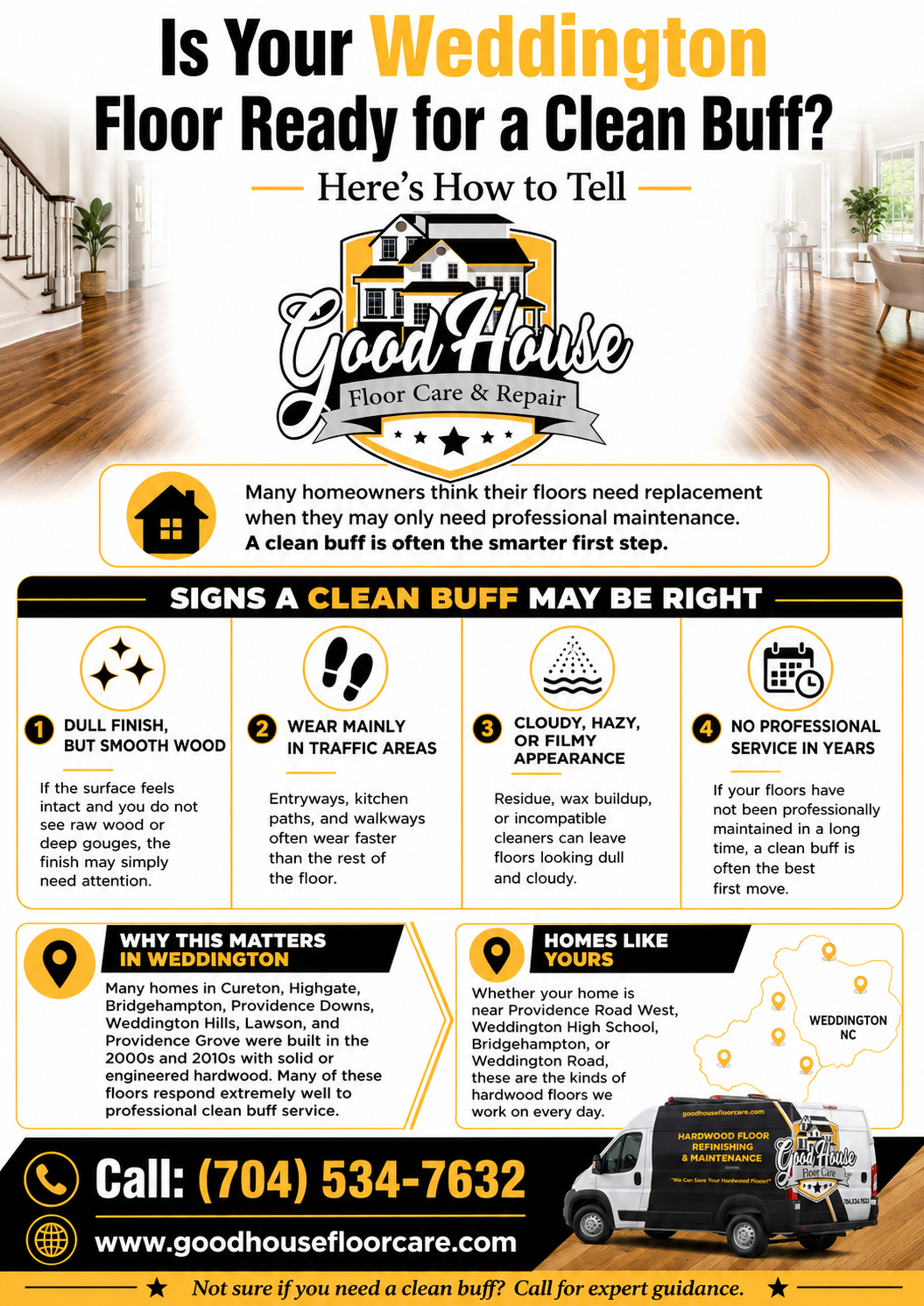 Infographic for Hardwood Clean Buff Weddington NC services by Good House Floor Care, showing floor maintenance signs.