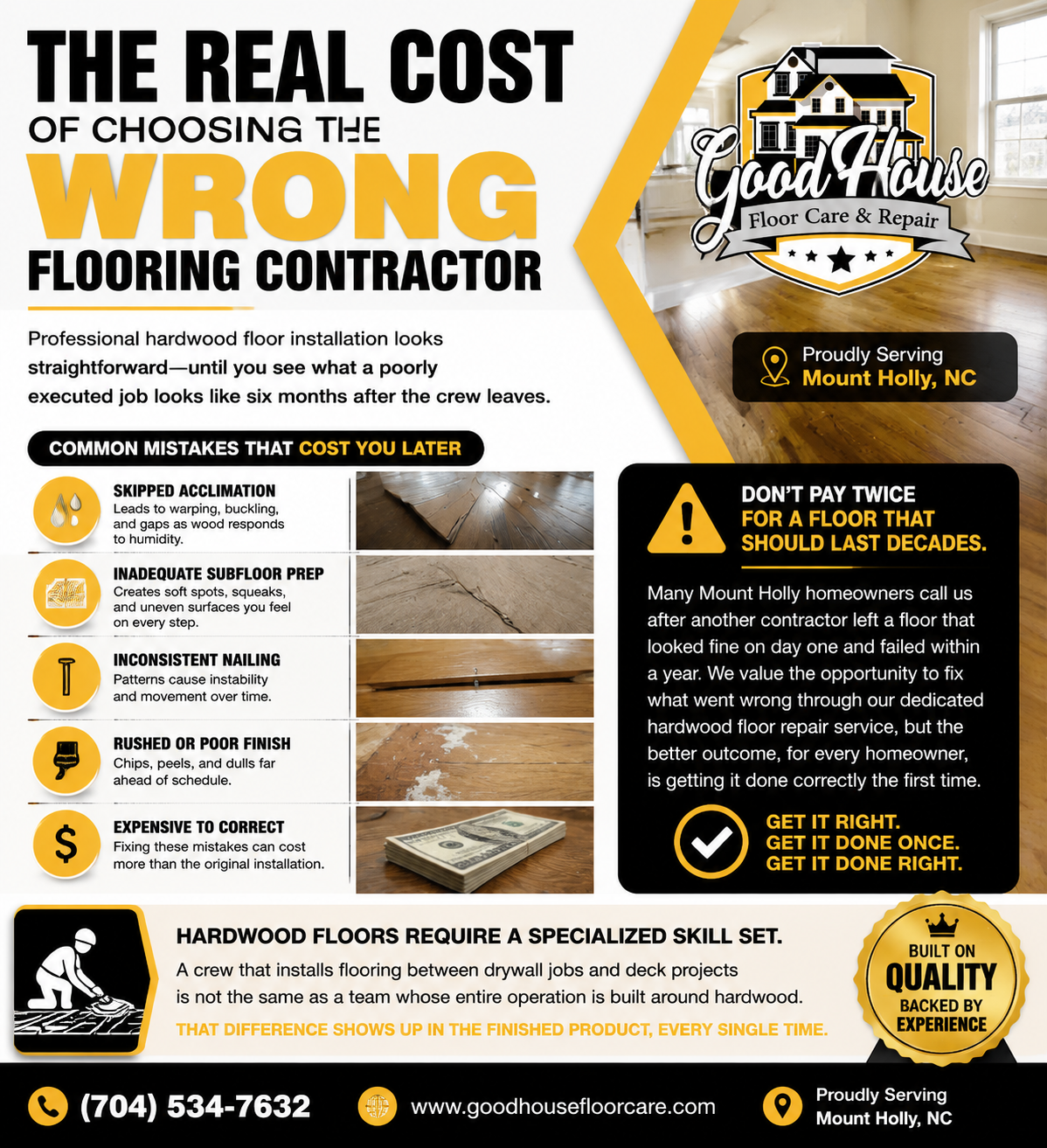 Hardwood Floor Installation Mount Holly NC problems infographic by Good House Floor Care showing common flooring mistakes.