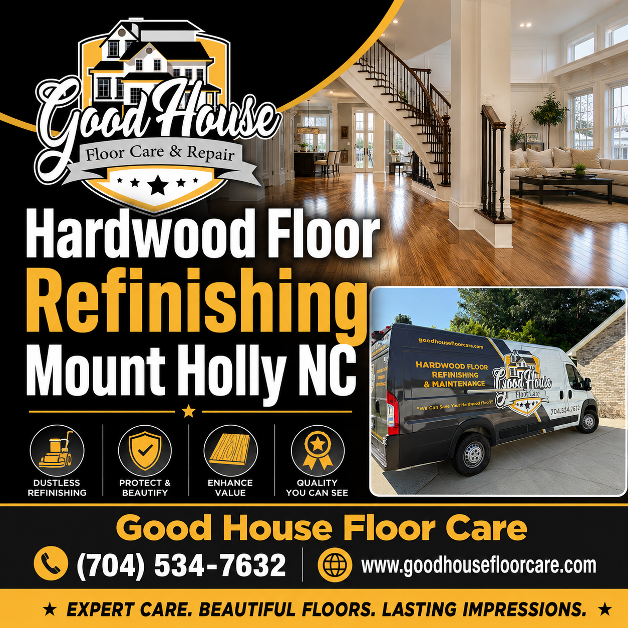 Hardwood Floor Refinishing Mount Holly NC service van and restored home interior by Good House Floor Care.