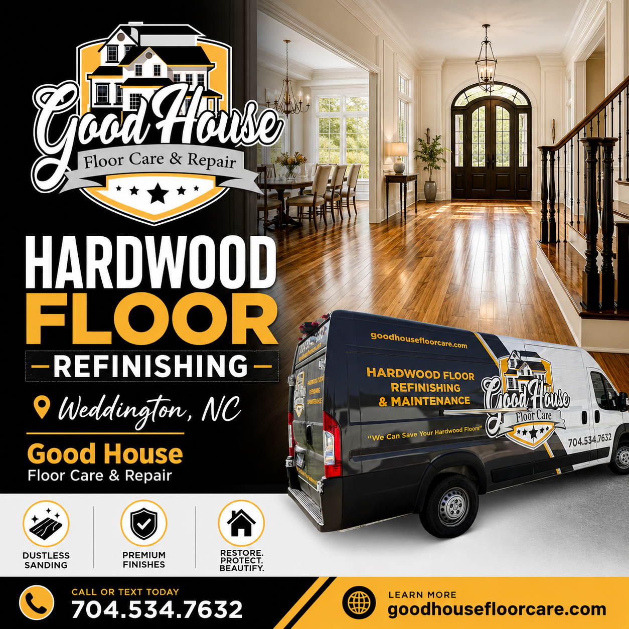 Hardwood Floor Refinishing Weddington NC guide by Good House Floor Care outlining wood floor issues solved by their services.