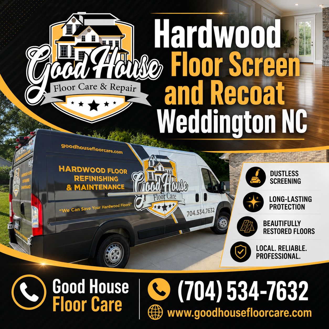 Hardwood Floor Screen and Recoat Weddington NC promotional banner with van, by Good House Floor Care.