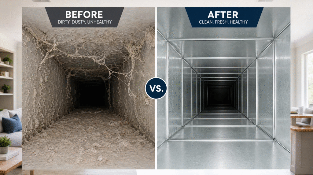 Before and after comparison of Residential Air Duct Cleaning Cimarron Hills, CO showing a dusty vent versus a perfectly clean metal duct.