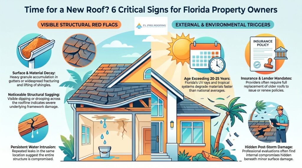 Infographic showing 6 critical signs you need a new roofing installation in North Palm Beach, FL, including shingle decay, sagging, leaks, and storm damage.