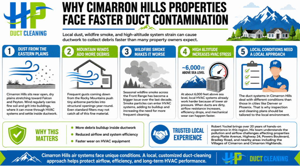 An infographic by HP Duct Cleaning explaining why local properties experience accelerated HVAC debris buildup, highlighting the need for commercial air duct cleaning Cimarron Hills, CO.